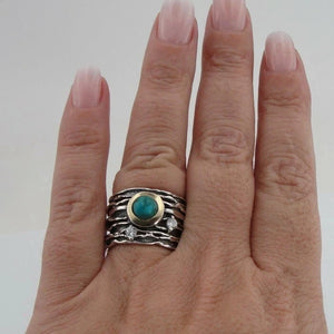 Turquoise Ring Handmade 9k Yellow Gold 925 Silver sz 6,7,8,9 Hadar Designers (MS