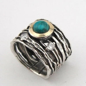 Turquoise Ring Handmade 9k Yellow Gold 925 Silver sz 6,7,8,9 Hadar Designers (MS