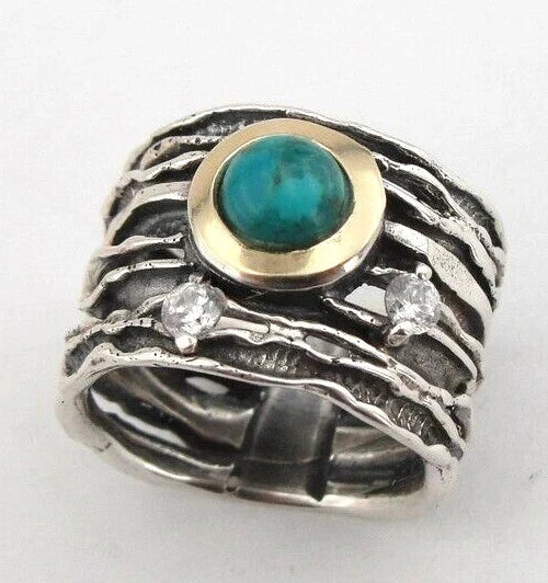 Turquoise Ring Handmade 9k Yellow Gold 925 Silver sz 6,7,8,9 Hadar Designers (MS
