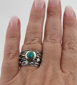 Turquoise Ring Handmade 9k Yellow Gold 925 Silver sz 6,7,8,9 Hadar Designers (MS