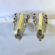 Load image into Gallery viewer, Garnet Zircon J Hoop Earrings 9k Yellow Gold 925 Silver Hadar Designers () Last