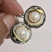 Load image into Gallery viewer, White Pearl Earrings 9k Yellow Gold Sterling Silver Z Hadar Designers () Last