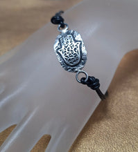 Load image into Gallery viewer, Leather Bracelet Hamasa + Hebrew Script Mazal Tov 925 Silver Hadar Designers (as