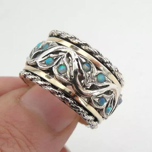 Swivel Opal Ring 9k Yellow Gold 925 Silver 6,7,8,9 Handmade Hadar Designers(SN)y