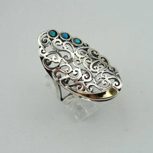 Load image into Gallery viewer, Blue Opal Ring Filigree 9k Gold Sterling Silver size 8 Hadar Designers (ms)LAST