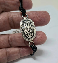 Load image into Gallery viewer, Leather Bracelet Hamasa + Hebrew Script Mazal Tov 925 Silver Hadar Designers (as