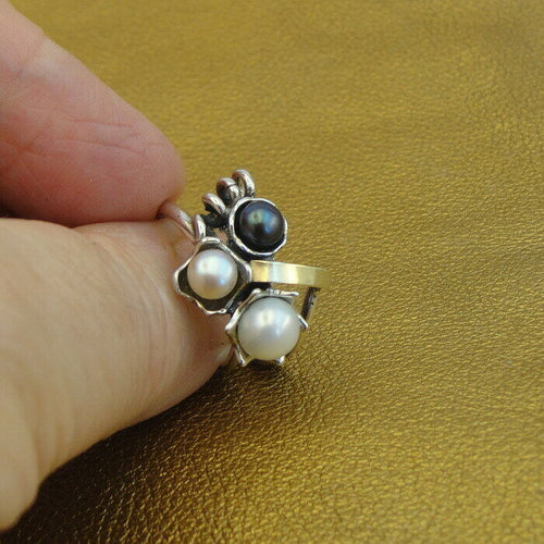 Hadar Designers Pearl Ring 5.5,6,7,8,9 Handmade 9k Yellow Gold 925 Silver (ms)Y