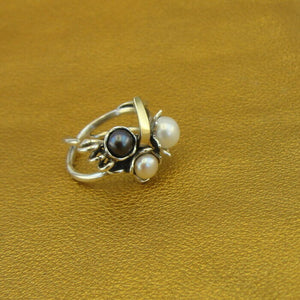 Hadar Designers Pearl Ring, Handmade 9k Yellow Gold 925 Silver (ms)Y