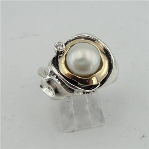 Hadar Designers  9k Yellow Gold 925 Silver White Pearl Ring sz 7,8,9,10 Handmade