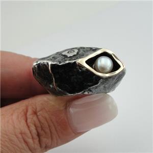 Hadar Designers Pearl Ring 7,8,9,10, Wild Handmade 9k Yellow Gold 925 Silver (MS