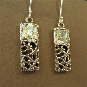 Hadar Designers Antique Roman Glass Earrings Handmade Filigree 925 Silver (as) y