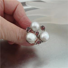 Load image into Gallery viewer, Hadar Designers Pearl Garnet Ring Sterling Silver Cocktail Statement 6.5,7,8,9 y