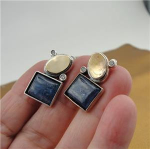 Hadar Designers  9k Yellow Gold 925 Silver Sodalite Zircon Earrings Handmade ()y