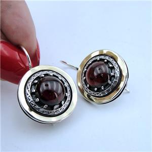 Hadar Designers Red Garnet Earrings Handmade 9k Yellow Gold Sterling Silver (ms)