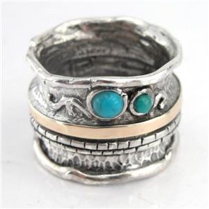 Hadar Designers Turquoise Ring 9k Yellow Gold Sterling Silver 6,7,8,9 Handmade