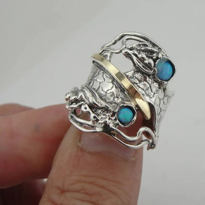 Hadar Designers ring blue opal 7,8,9,10 9k gold 925 sterling silver (ms 1104)