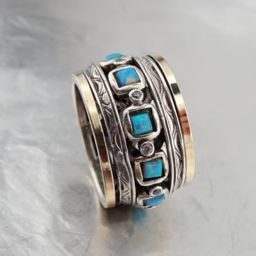 Hadar Designers Opal Ring Swivel 9k Gold Sterling Silver 6,7,8,9 Handmade (sn)