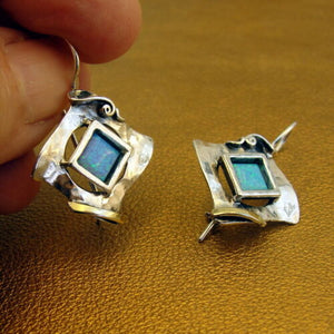 Hadar Designers blue opal pendant 9k gold 925 sterling silver handmade (ms 351)