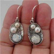 Load image into Gallery viewer, Hadar Designers Handmade Sterling Silver White Pearl Roman Glass Earrings (as)