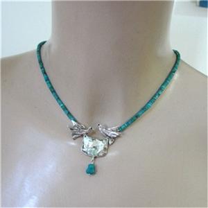Hadar Designer Handmade Sterling Silver Roman Glass Turquoise Bird Necklace (AS