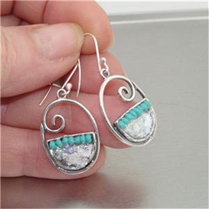 Hadar Designers 925 Sterling Silver Roman Glass Turquoise Earrings Handmade (as