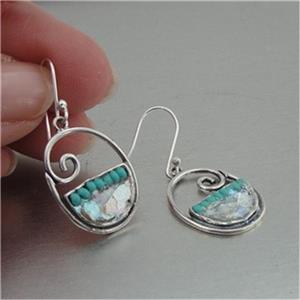 Hadar Designers 925 Sterling Silver Roman Glass Turquoise Earrings Handmade (as