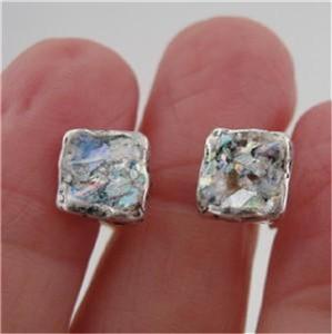 Hadar Designers 925 Sterling Silver Antique Roman Glass Square Stud Earrings (AS