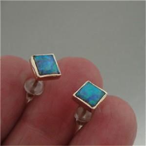 Hadar Designers Handmade 9k Yellow gold 5mm Square Blue Opal Earrings (I e96)