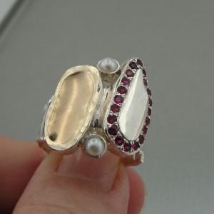 Hadar Designers Ruby Pearl Ring 6,7,8,8.5 Handmade 9k Yellow Gold 925 Silver (Iy