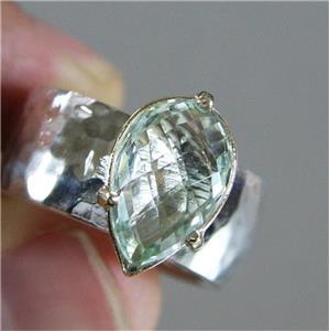 Hadar Designers 9k Gold 925 Silver Green Amethyst Ring 6.5,7,8,9 Handmade(Ir378y