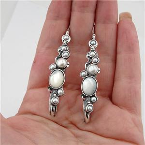 Hadar Designers Handmade Art Long Sterling Silver MOP Pearl Earrings (H 2151)