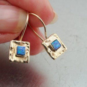 Hadar Designers  9k Yellow Gold Blue Opal Earrings Unique Art Handmade (I e127)