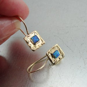 Hadar Designers  9k Yellow Gold Blue Opal Earrings Unique Art Handmade (I e127)