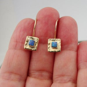 Hadar Designers  9k Yellow Gold Blue Opal Earrings Unique Art Handmade (I e127)