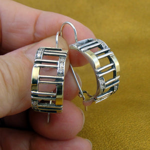 Hadar Designers 9K Yellow Gold Sterling Silver Zircon Earrings Handmade (MS 1633)