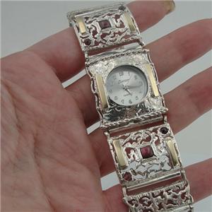 Hadar Designers 9k Gold 925 Silver Garnet Bracelet Watch Filigree Handmade (B) Y