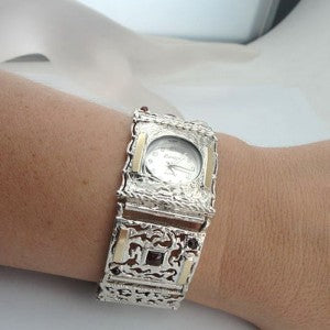 Hadar Designers 9k Gold 925 Silver Garnet Bracelet Watch Filigree Handmade (B) Y