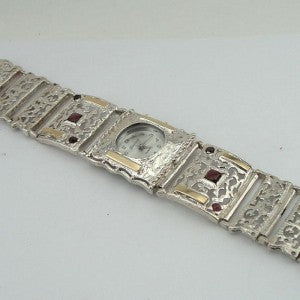 Hadar Designers 9k Gold 925 Silver Garnet Bracelet Watch Filigree Handmade (B) Y