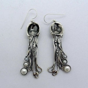 Hadar Designer Handmade Unique Art Long Sterling Silver White Pearl Earrings (H