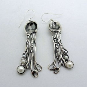 Hadar Designer Handmade Unique Art Long Sterling Silver White Pearl Earrings (H