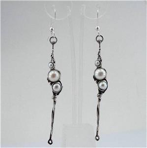 Hadar Designers 925 Sterling Silver White Pearl Earrings Handmade Dangle (H 2101