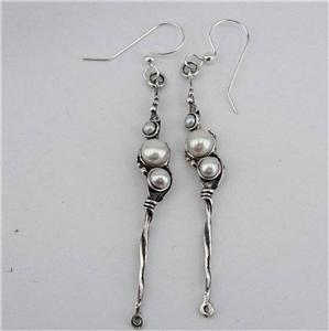 Hadar Designers 925 Sterling Silver White Pearl Earrings Handmade Dangle (H 2101