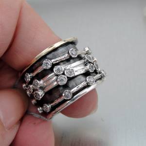 Hadar Designers Swivel 9k Gold 925 Sterling Silver Zircon Ring 7,8,9,10 (I r791)