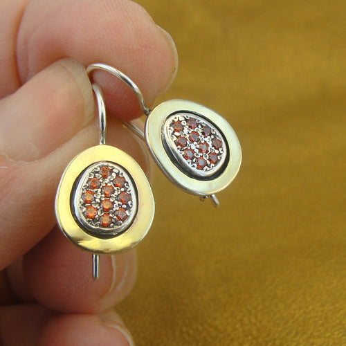 Hadar Designers Garnet Zircon Earrings Handmade 9k Yellow Gold 925 Silver (MS