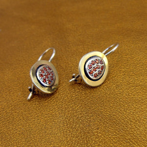 Hadar Designers Garnet Zircon Earrings Handmade 9k Yellow Gold 925 Silver (MS