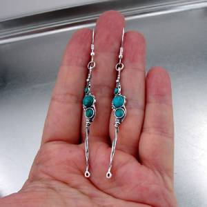 Hadar Designers Sterling Silver Turquoise Earrings Handmade Unique Long (H 2101)
