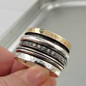 Hadar Designers Swivel 9k Yellow Gold Sterling Silver Zircon Ring 6,7,8,9,10(I r