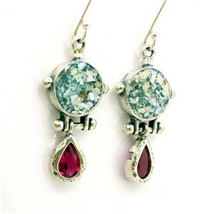 Hadar Designers  925 Silver Roman Glass Garnet Drop Earrings Handmade (as 407012