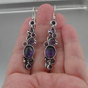 Hadar Designers  Long Sterling Silver Purple Amethyst Earrings Handmade (H 2151)