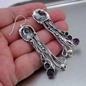Hadar Designers Sterling Silver Genuine Amethyst Earrings Handmade Art Long (H)